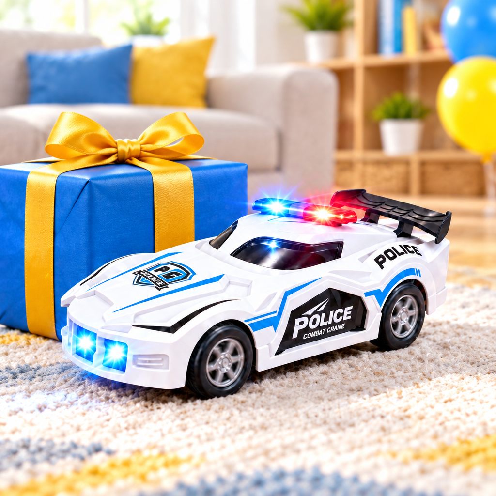 Joytot police toy car beside a birthday gift box
