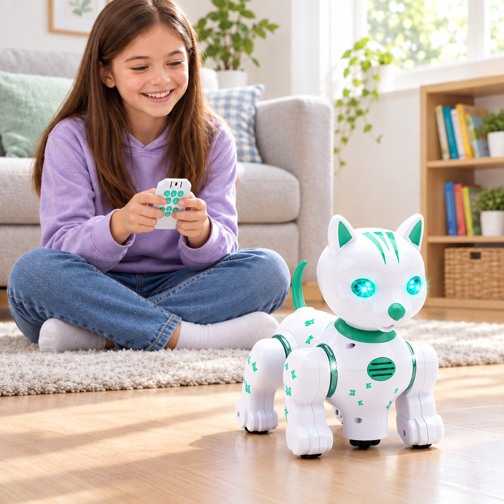 Child playing with remote control robot cat toy indoors