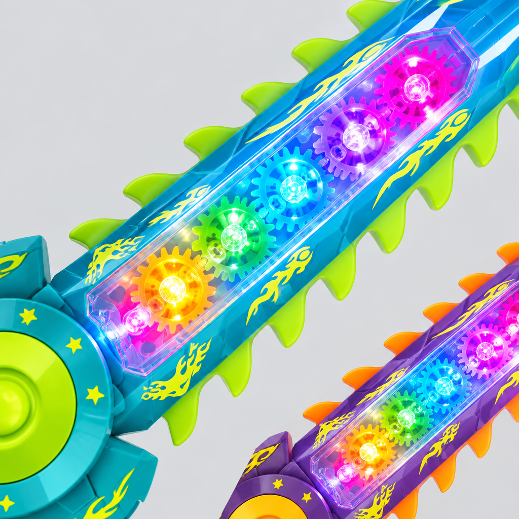 Close-up of colourful spinning gears inside a light-up space sword toy