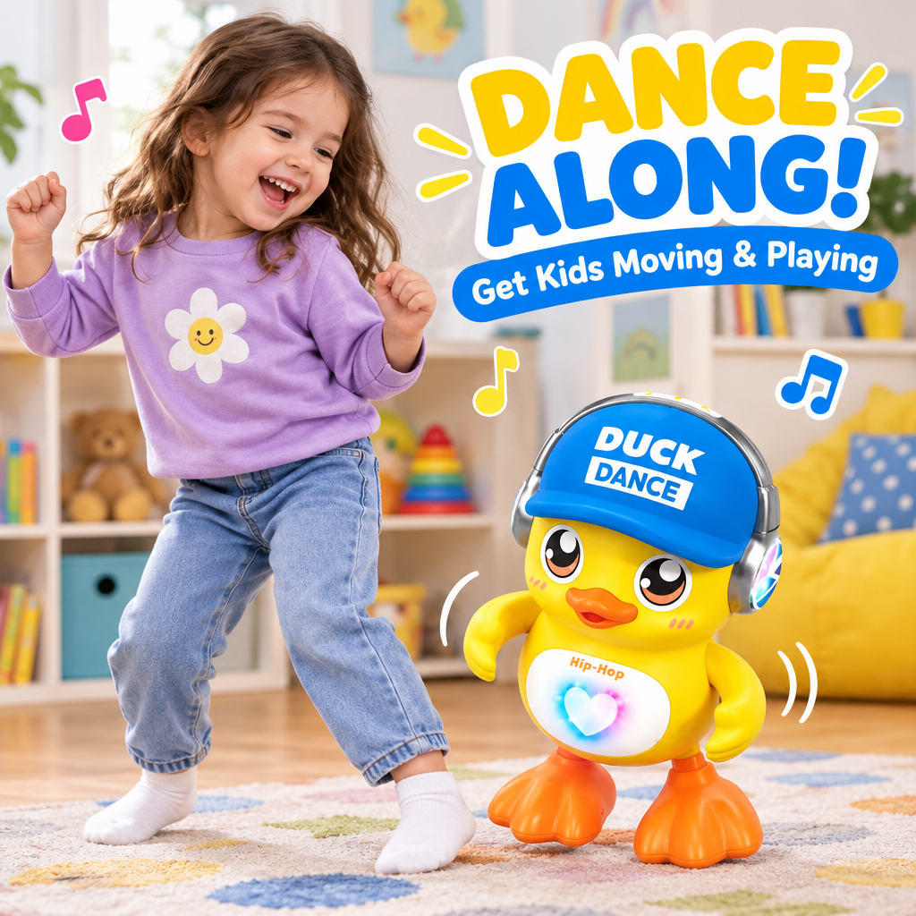 Child dancing along with dancing duck toy