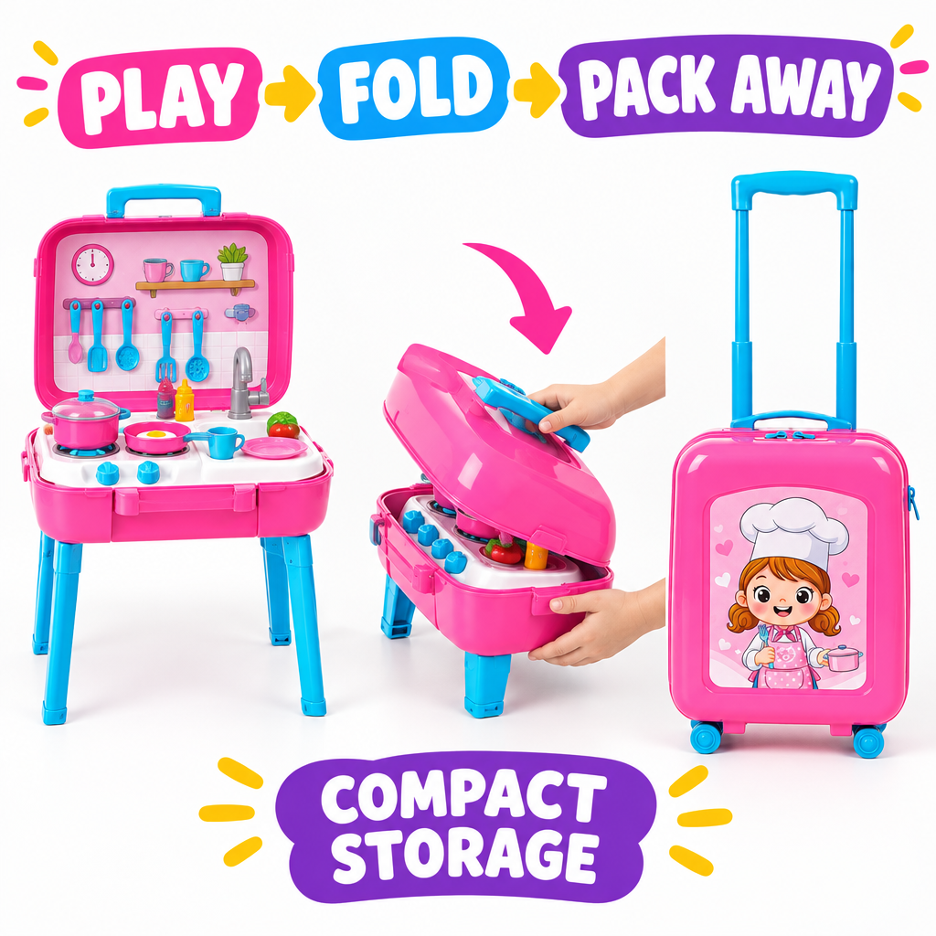 Kitchen playset folding into compact trolley