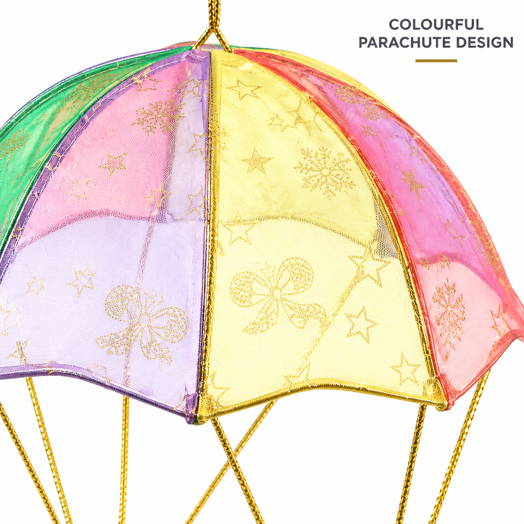 Colourful parachute design with gold hanging cords on the Santa decoration