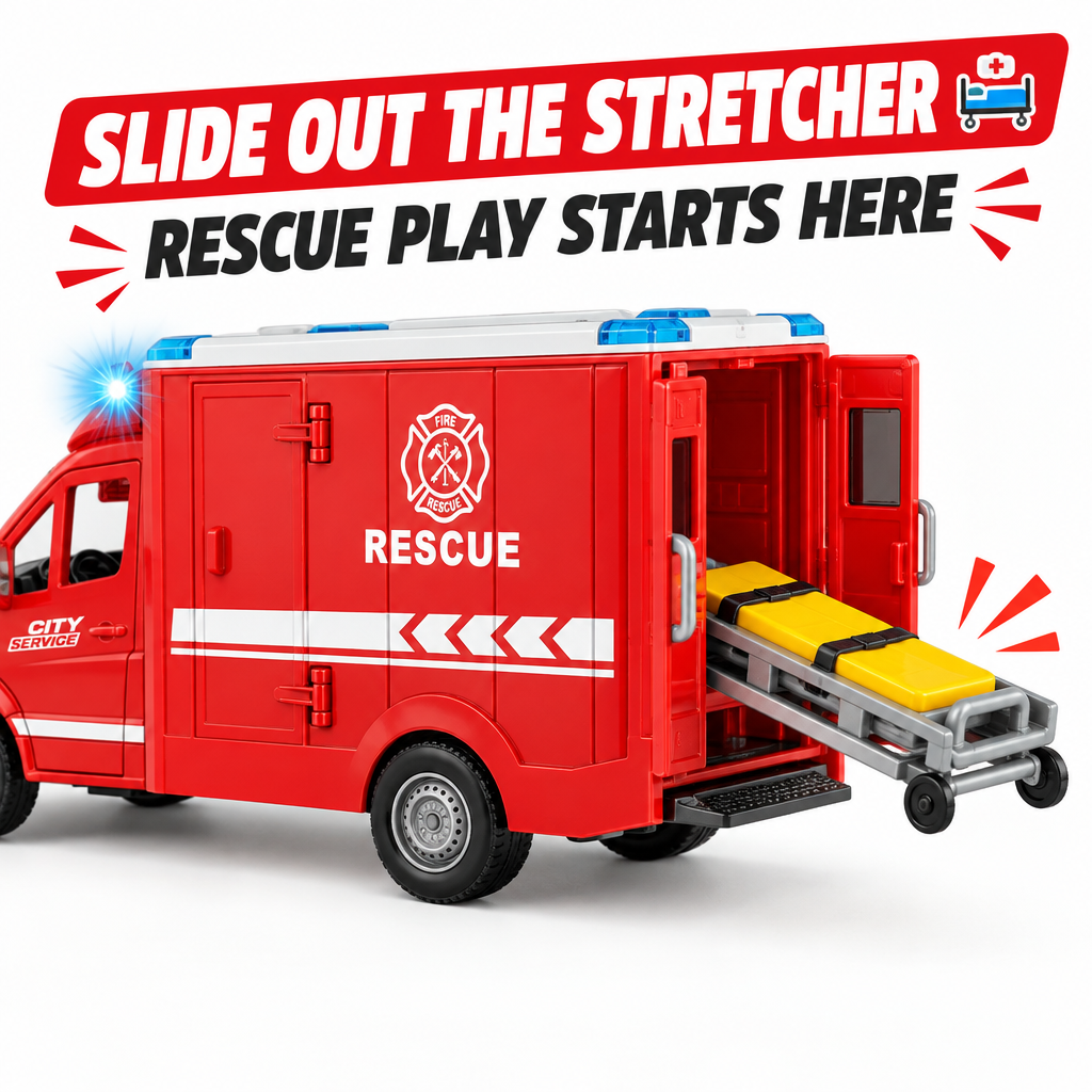 Die-cast ambulance toy sliding stretcher