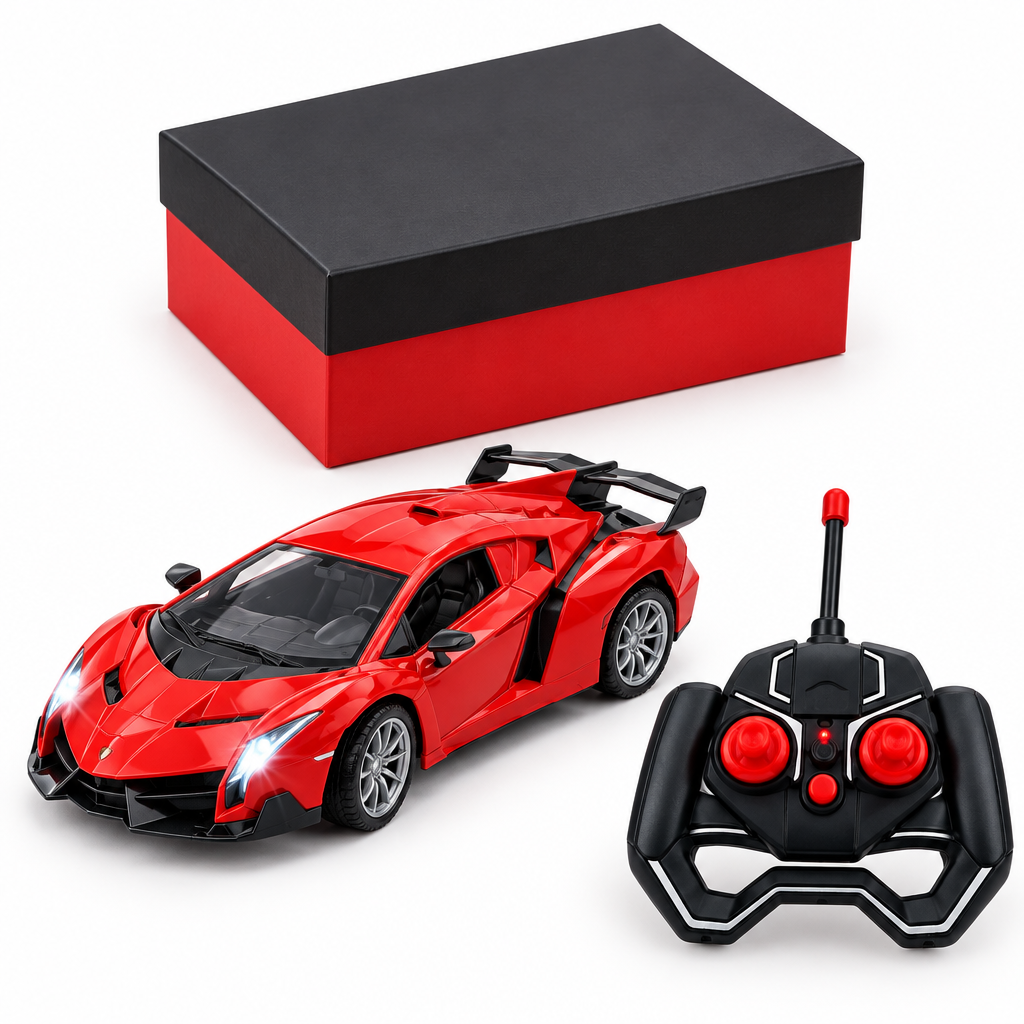 Red 1:18 RC supercar, remote controller and gift box; batteries are not included