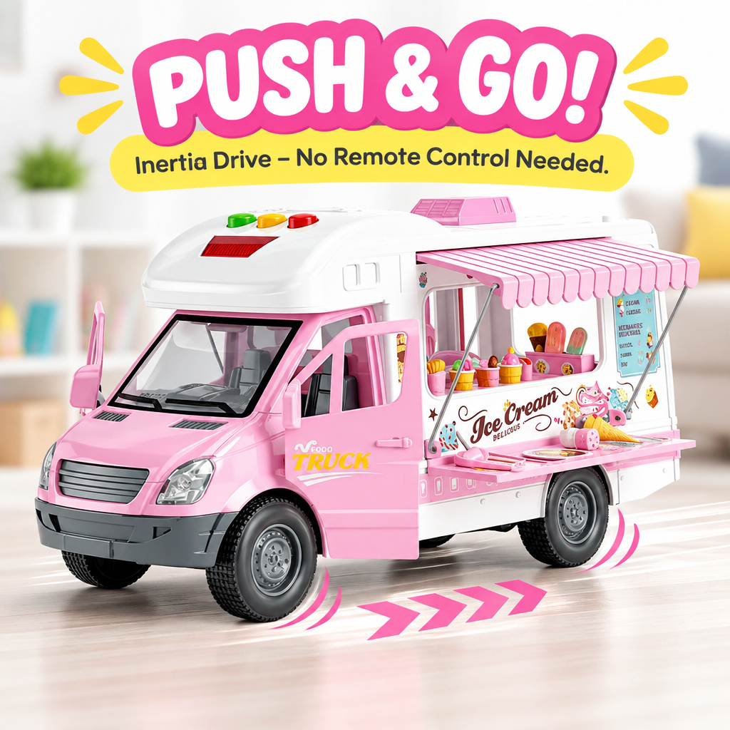 Pink ice cream van toy showing push and go inertia drive with wheels in motion