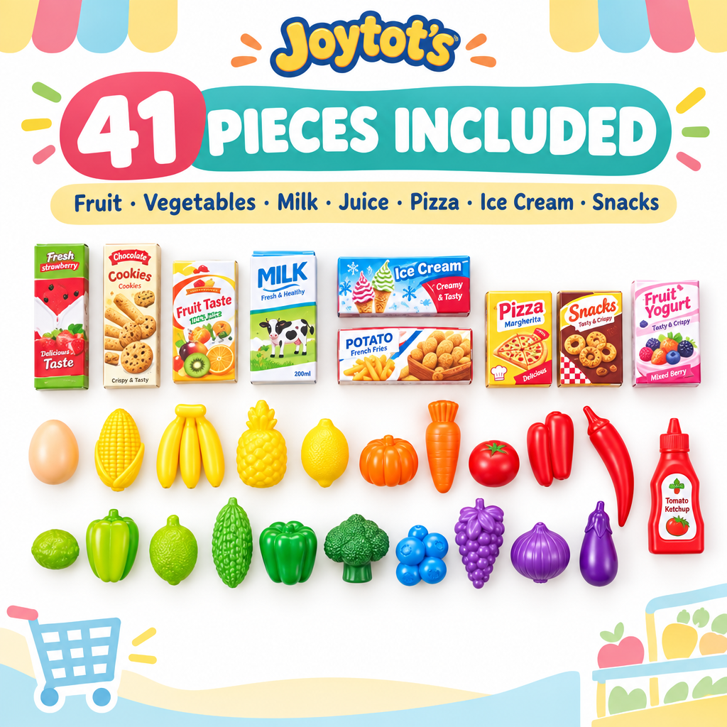 41 piece pretend grocery set with toy fruit vegetables milk juice and snacks
