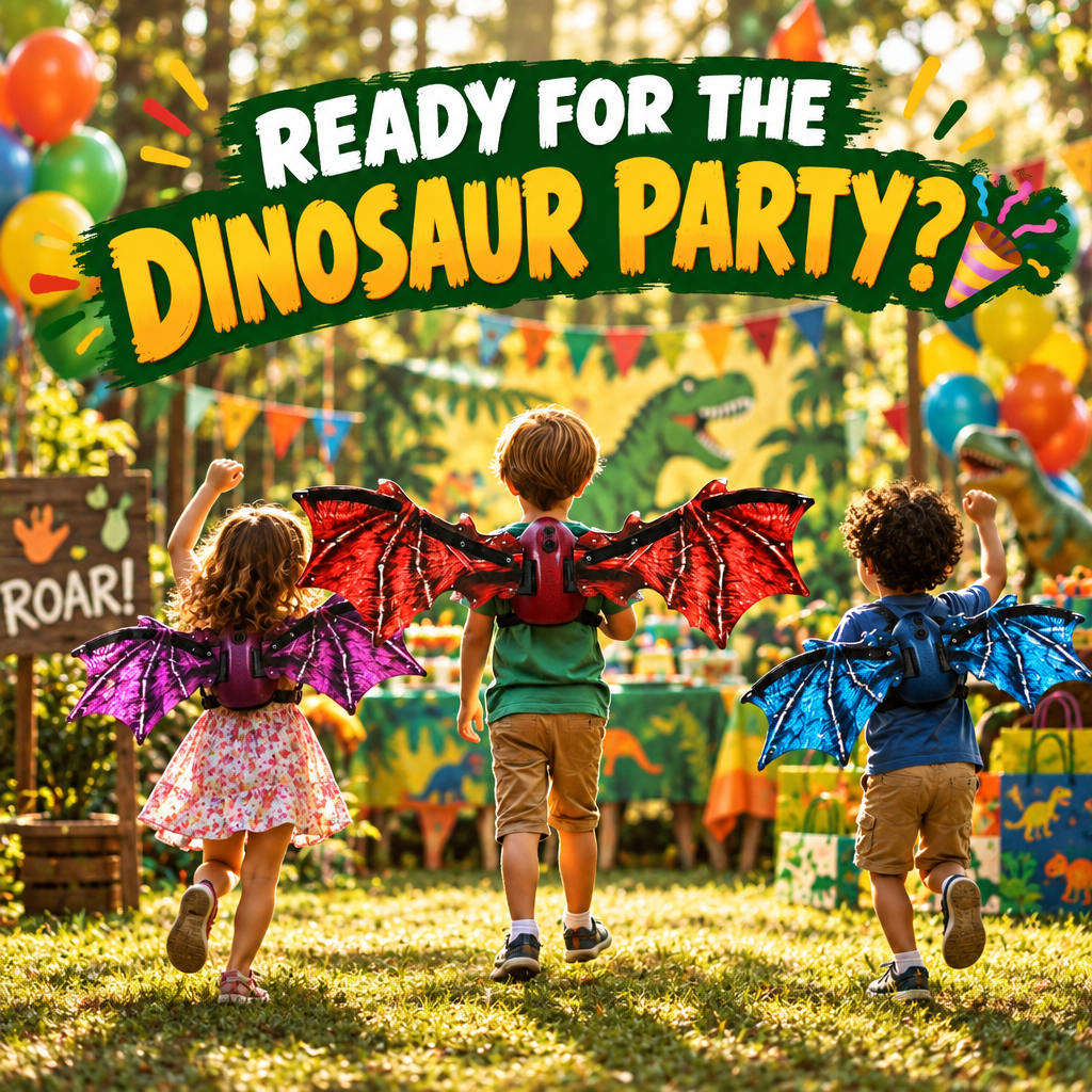 Children wearing dinosaur wings at birthday party