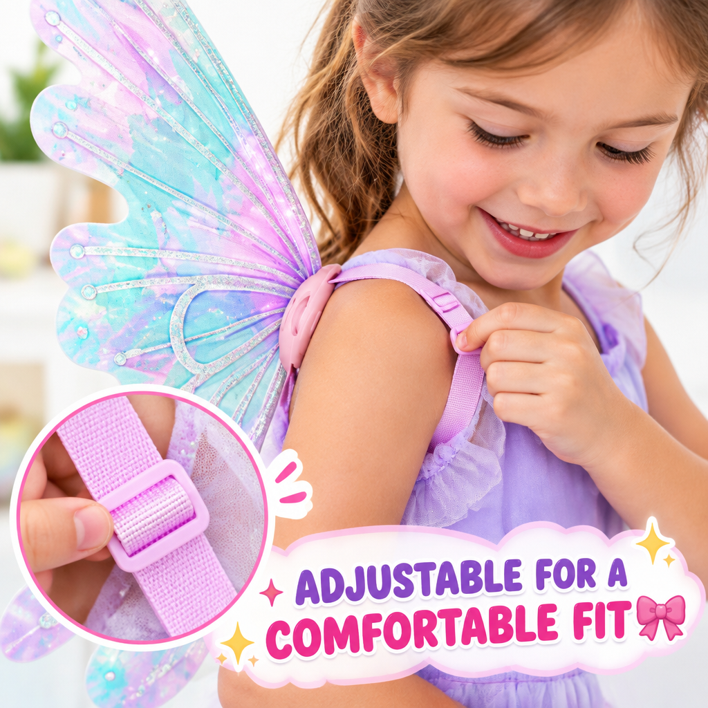 Child adjusting fairy wings shoulder straps