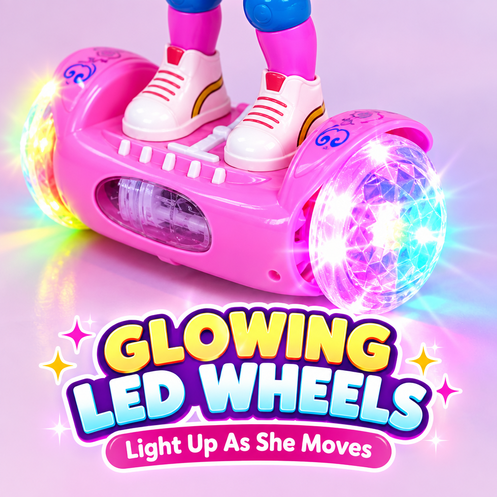 Self-balancing doll toy glowing LED wheels close-up