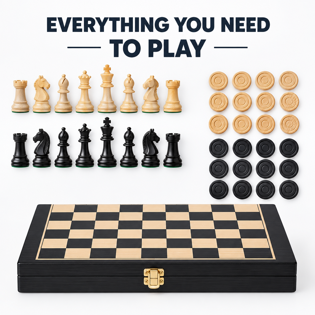 Chess and Draughts set full contents flat lay