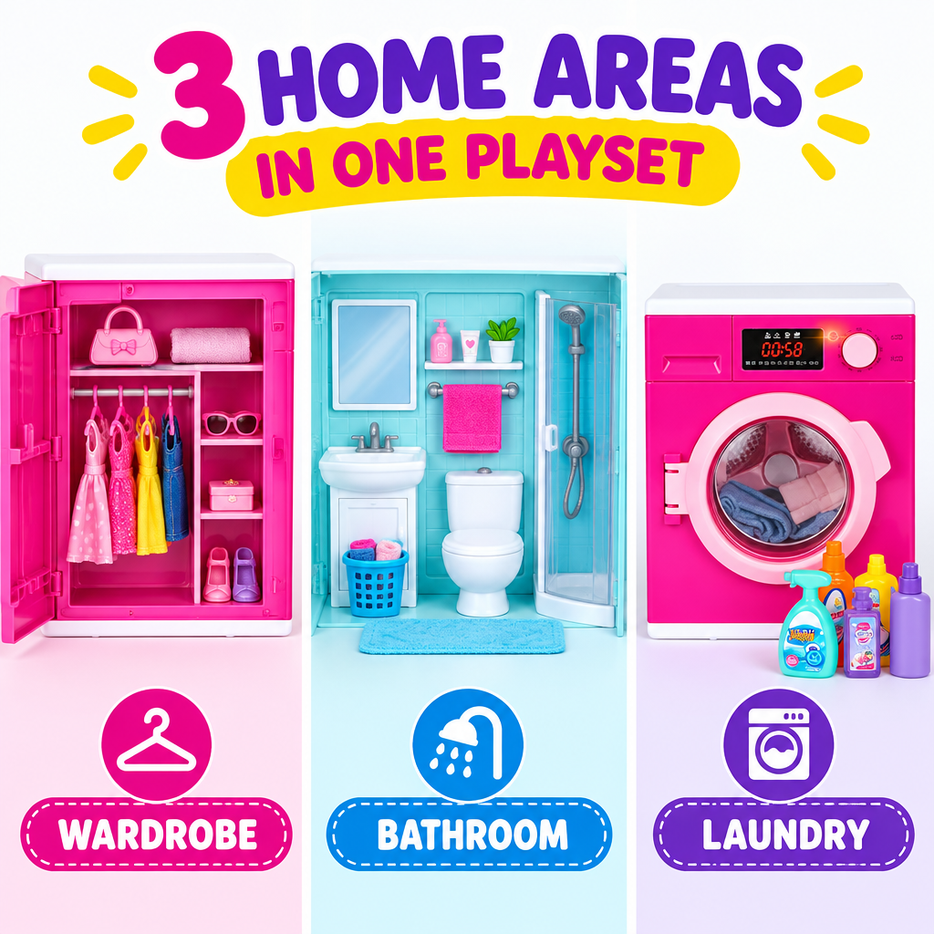 Dollhouse playset three sections wardrobe bathroom laundry