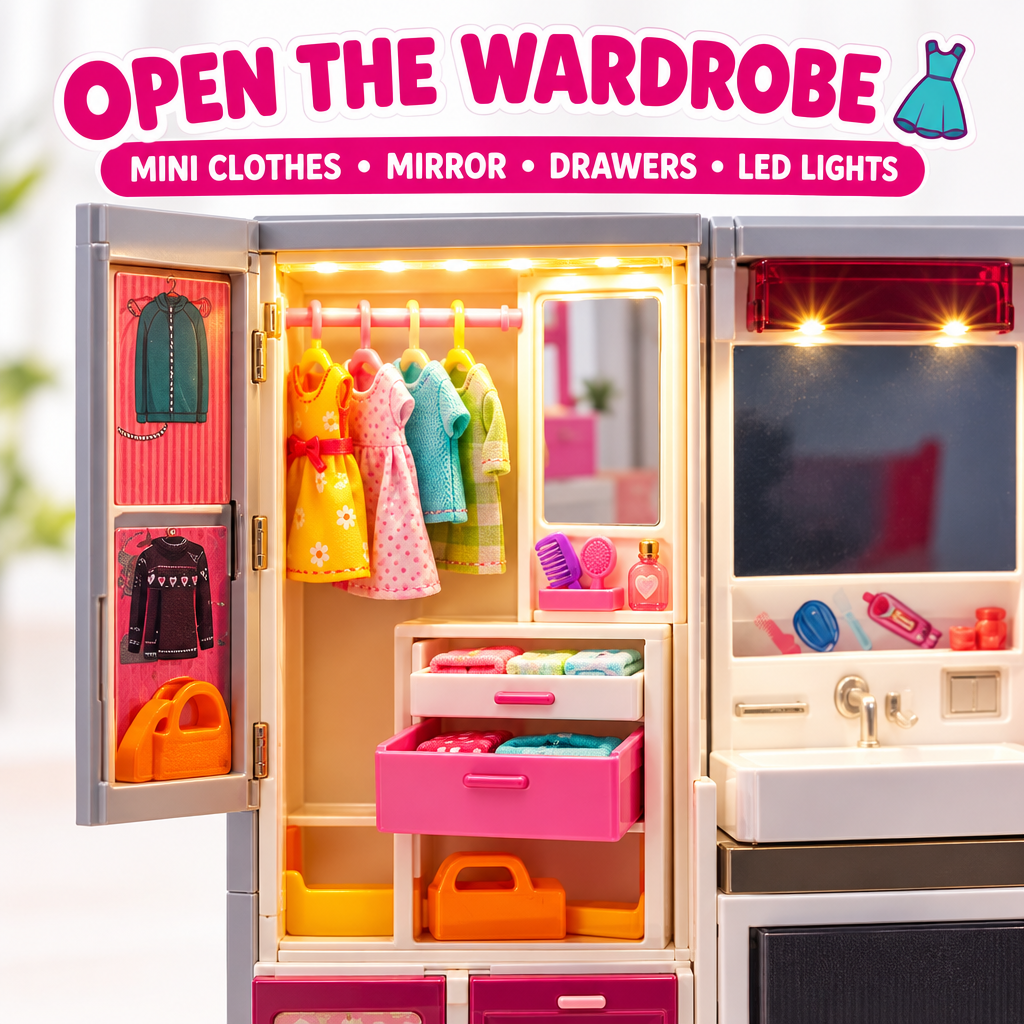 Dollhouse playset wardrobe with mini clothes and LED lights