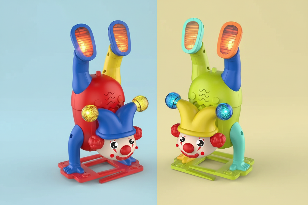 Two colourful design options of the upside-down walking clown toy