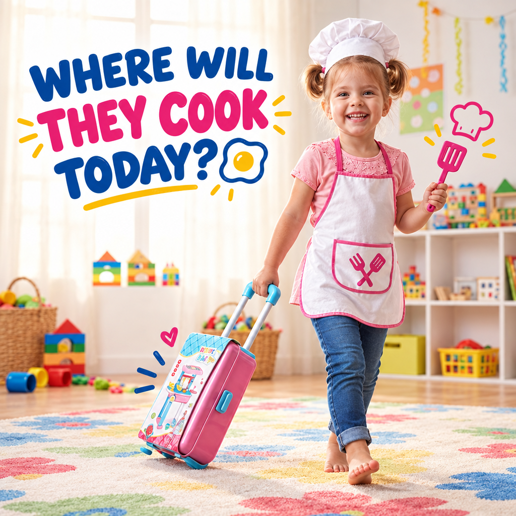 Child playing with kitchen trolley playset