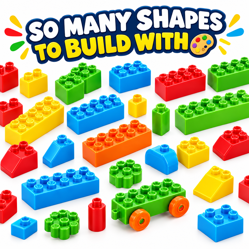 Towers bridges vehicles and animals built with 173-piece building blocks