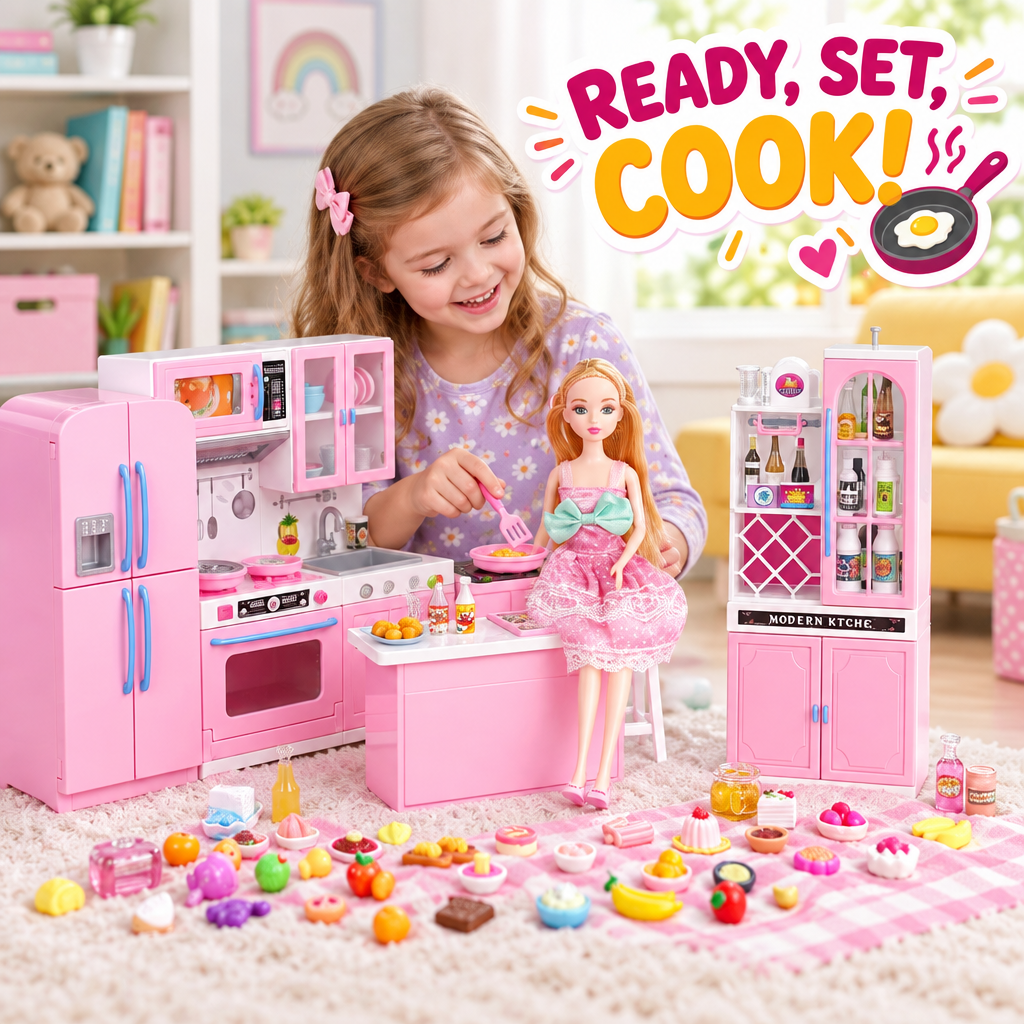 Child playing with doll kitchen playset