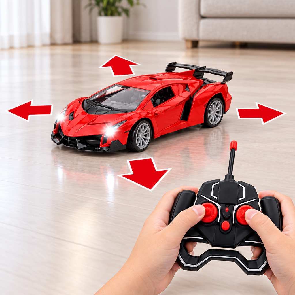 Red RC supercar with arrows showing forward, reverse, left and right control