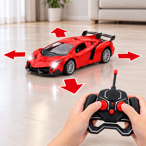 Red RC supercar with arrows showing forward, reverse, left and right control