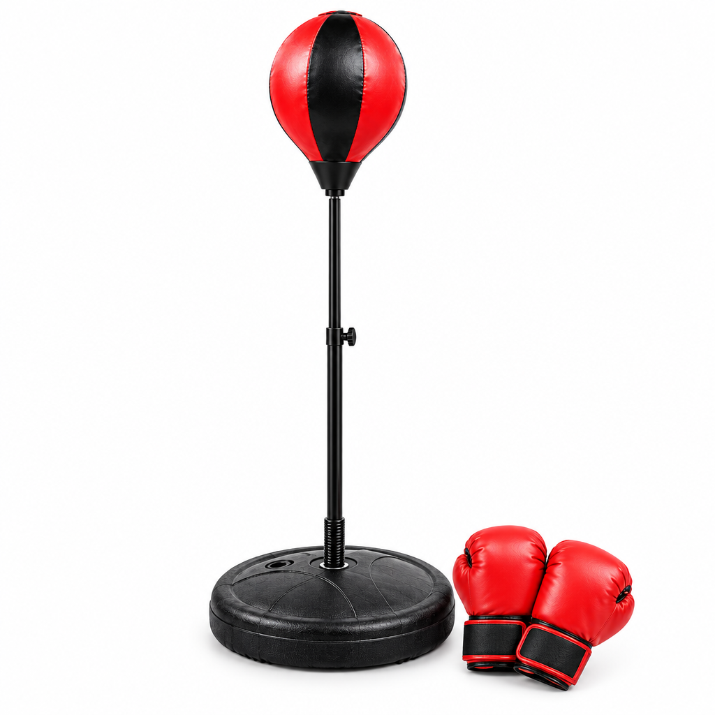 Kids boxing punching bag set with adjustable stand and gloves on white background