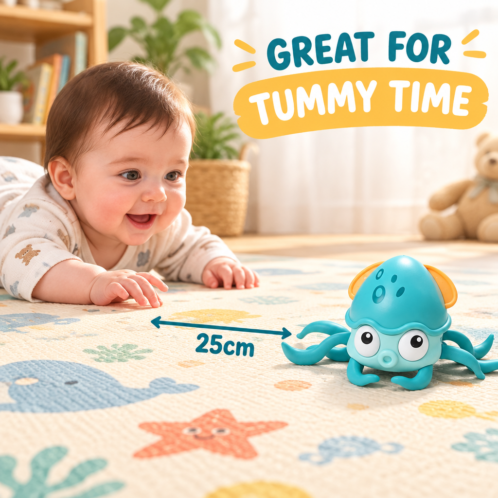 Crawling octopus toy positioned for baby tummy time