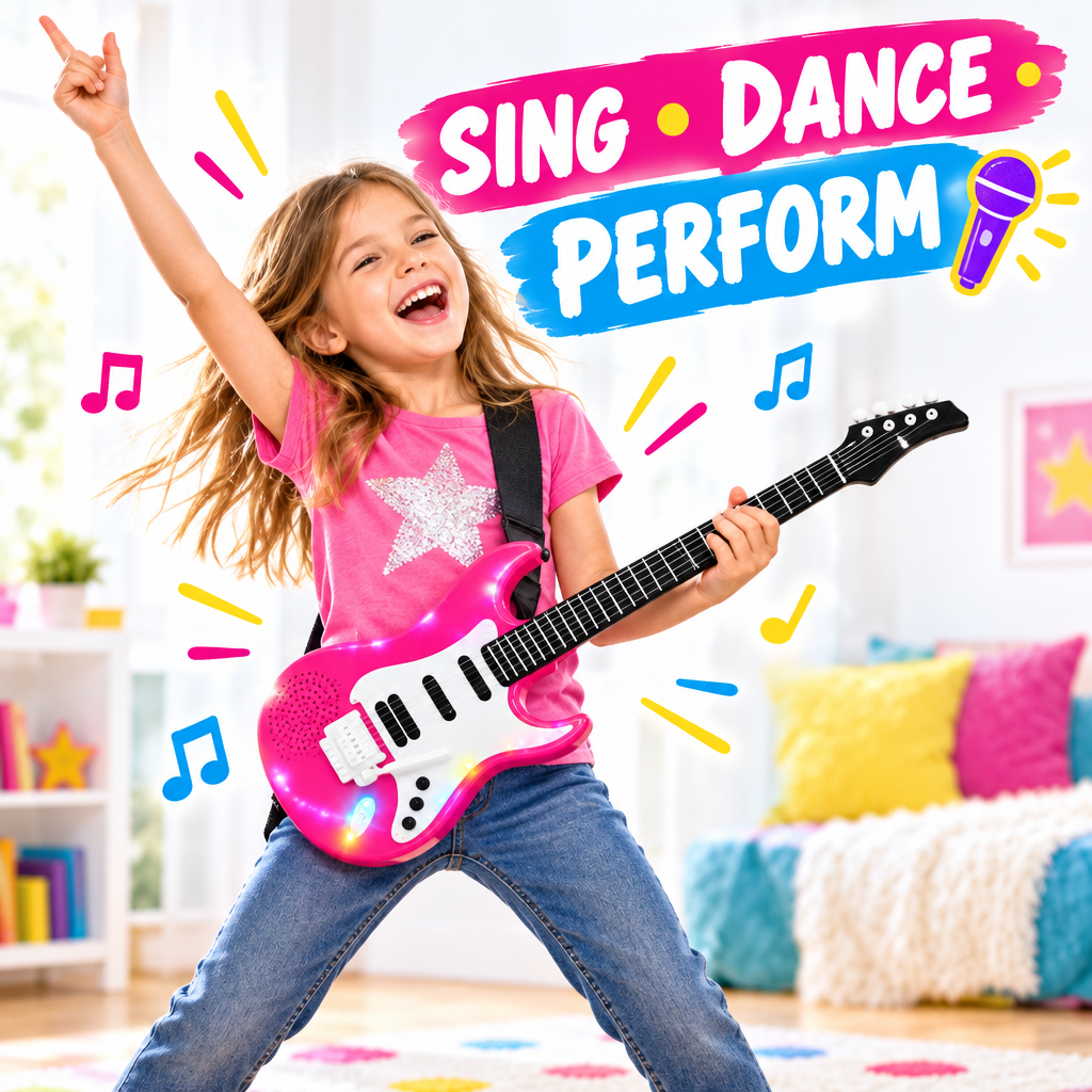 Child performing with a light-up musical guitar toy