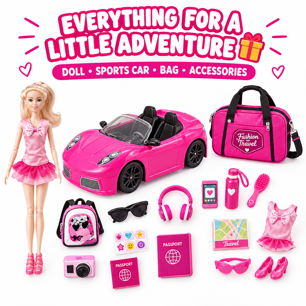 Full doll and sports car playset flat lay