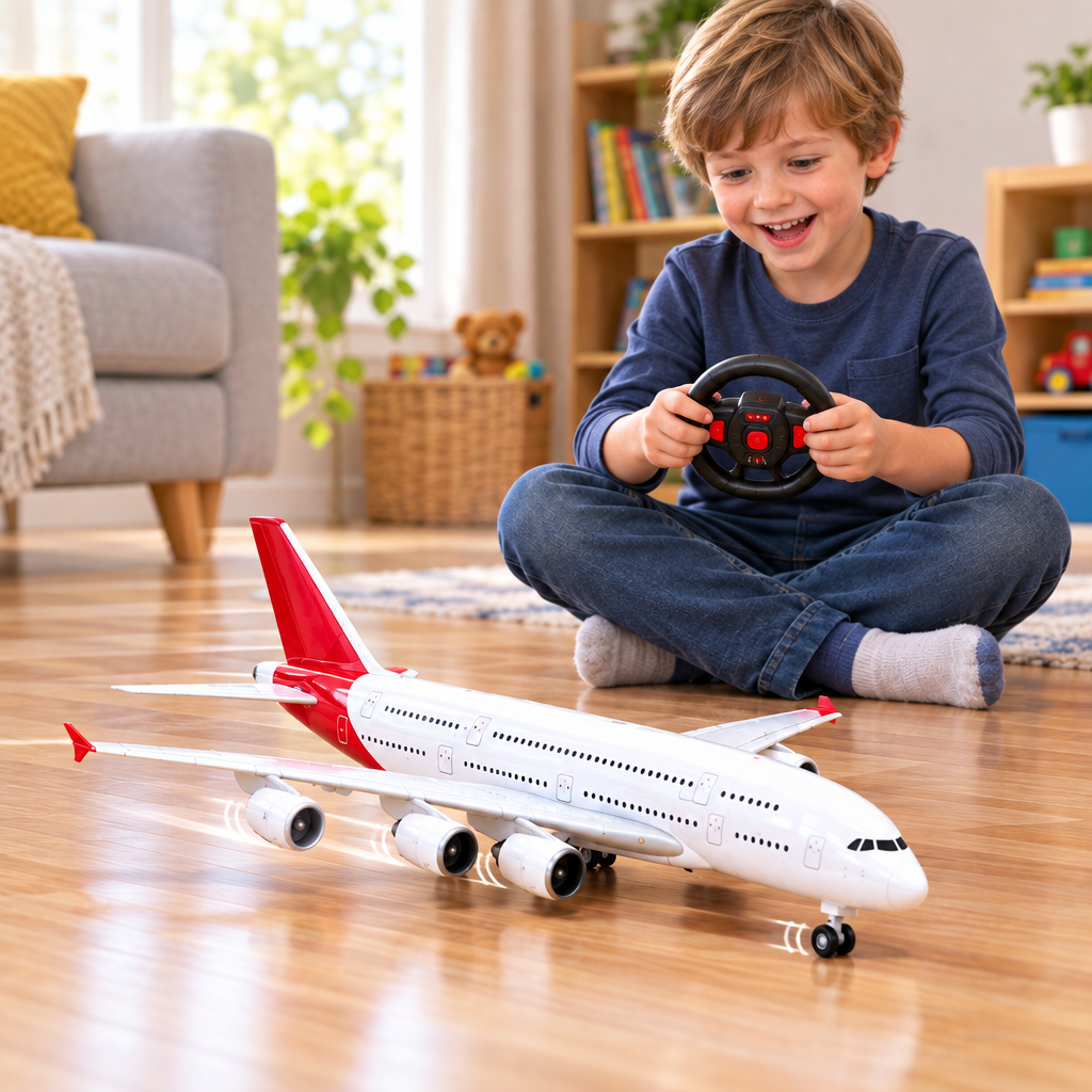 Child steering a ground-running RC aeroplane with a steering-wheel remote indoors
