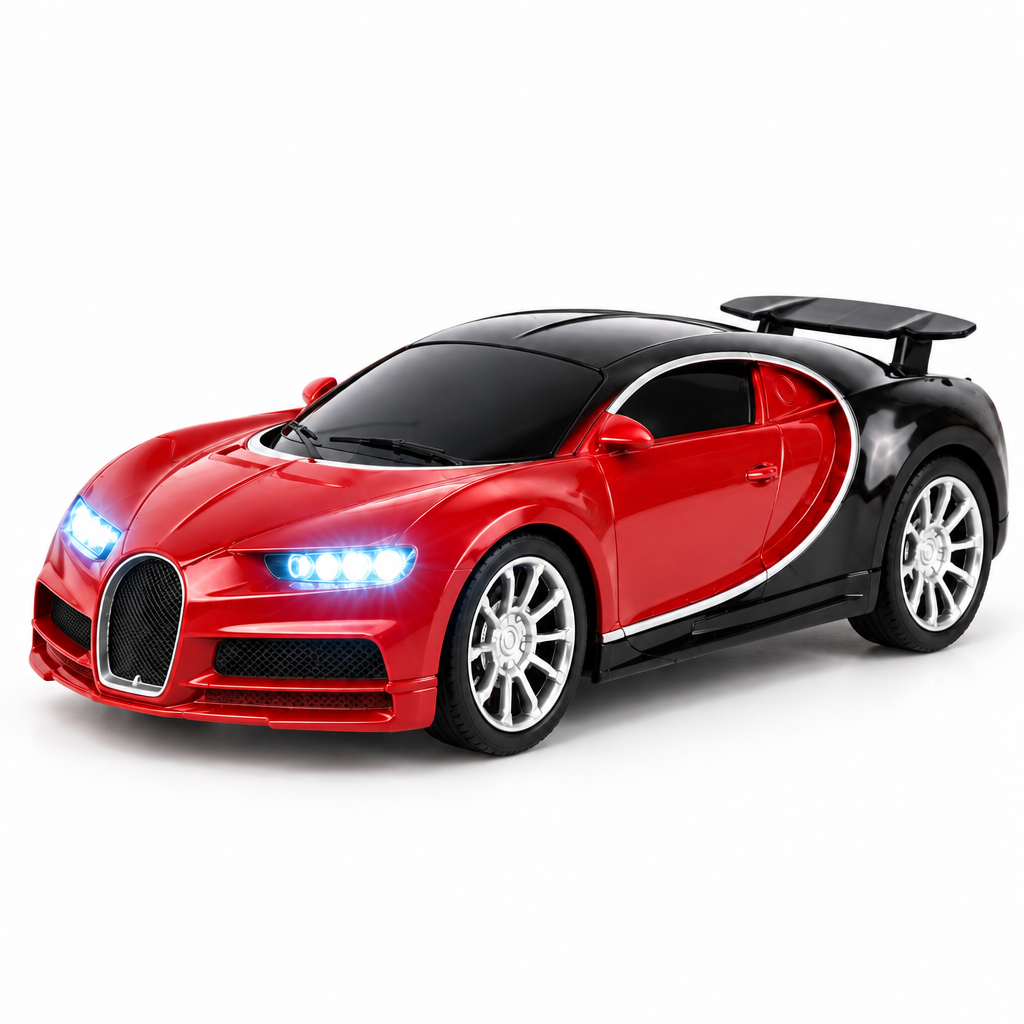 Front LED headlights illuminated on the RC sports car, with rear spoiler