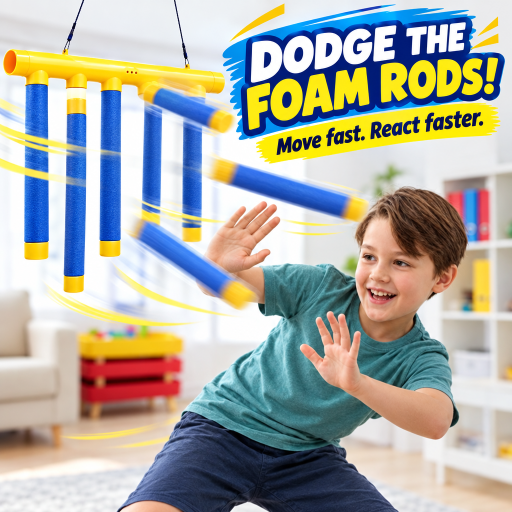 Child playing Hand Speed Challenge Game dodging foam rods