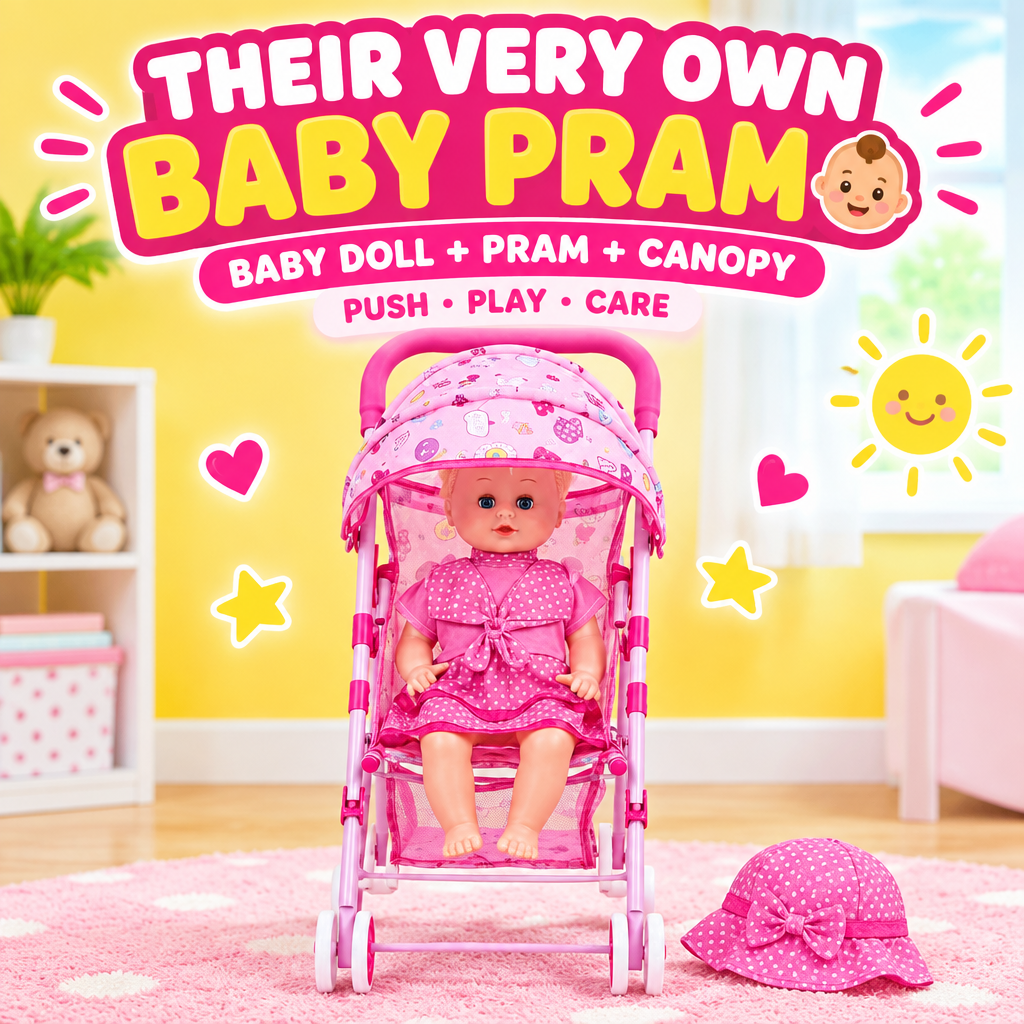Kids doll pram hero with baby doll and canopy