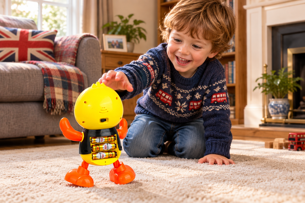 Child playing with dancing duck toy