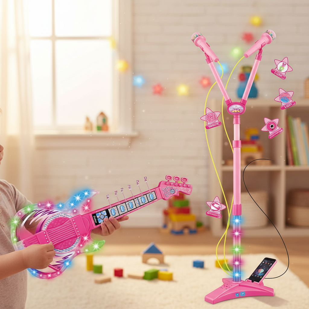 Child-friendly guitar and microphone karaoke toy for pretend play