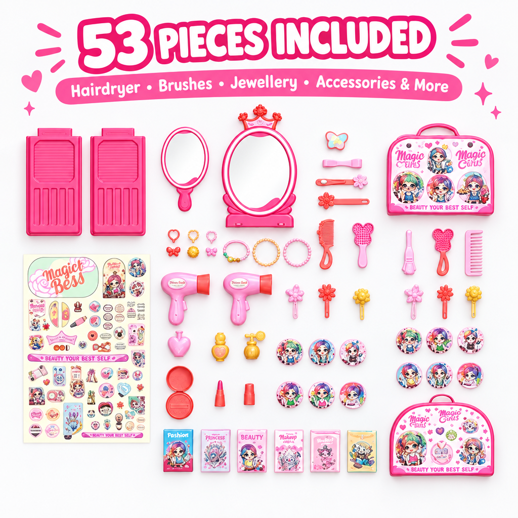 Kids crown dressing table 53 pieces flat lay