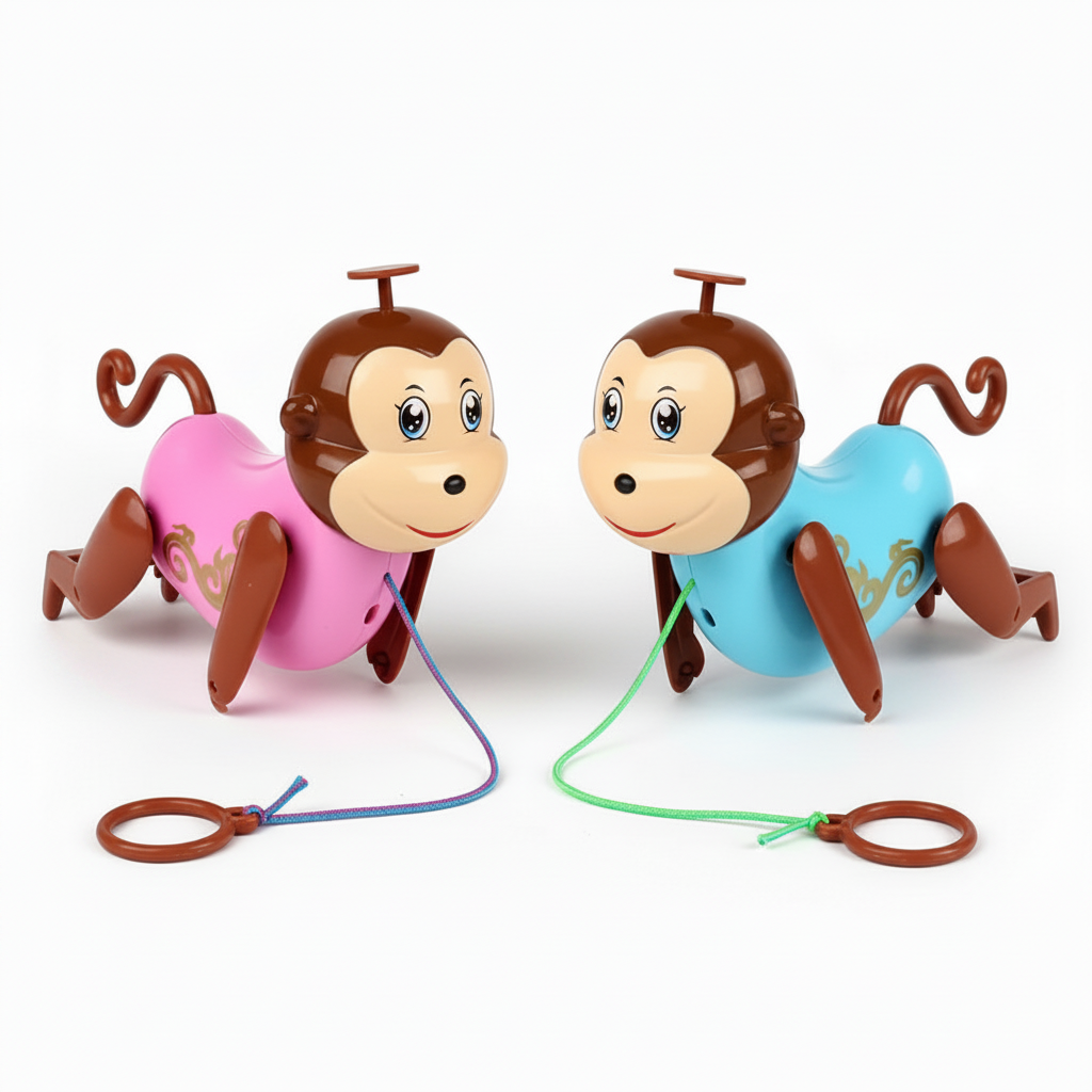 Blue and pink pull-along monkey toys on a white background