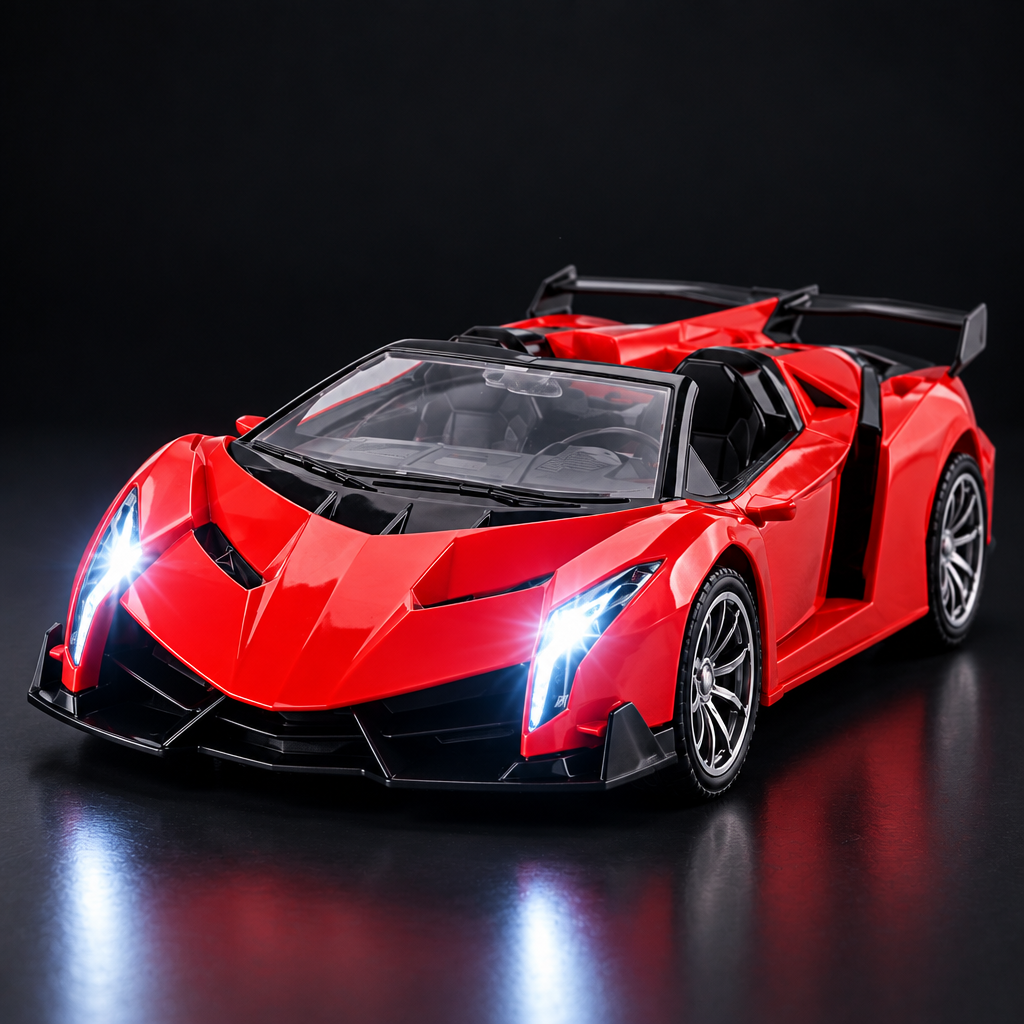Red RC supercar with illuminated front LED headlights and rear spoiler