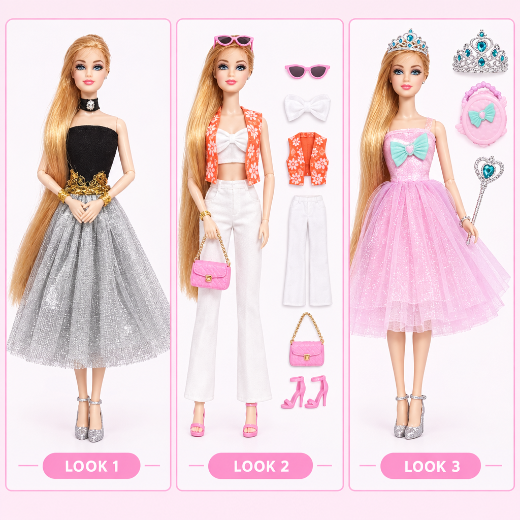 Fashion doll with 3 changeable outfits for dress-up play