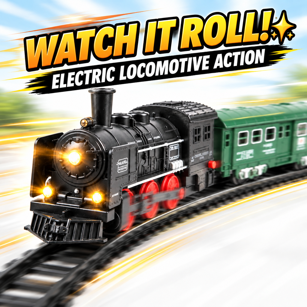 Electric toy train running on railway tracks for kids aged 3+