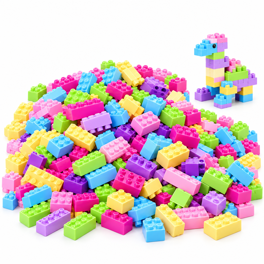 Colourful pastel interlocking building blocks with a small sample tower on a white background