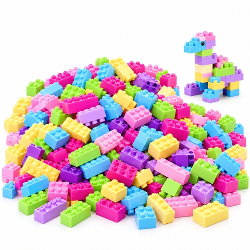Colourful pastel interlocking building blocks with a small sample tower on a white background