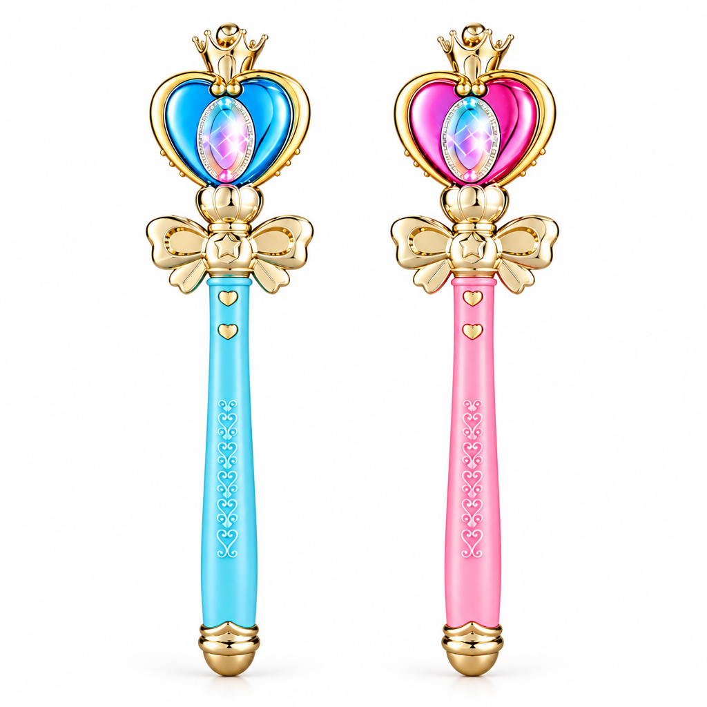 Pink and blue princess magic wand toys with LED lights on white background
