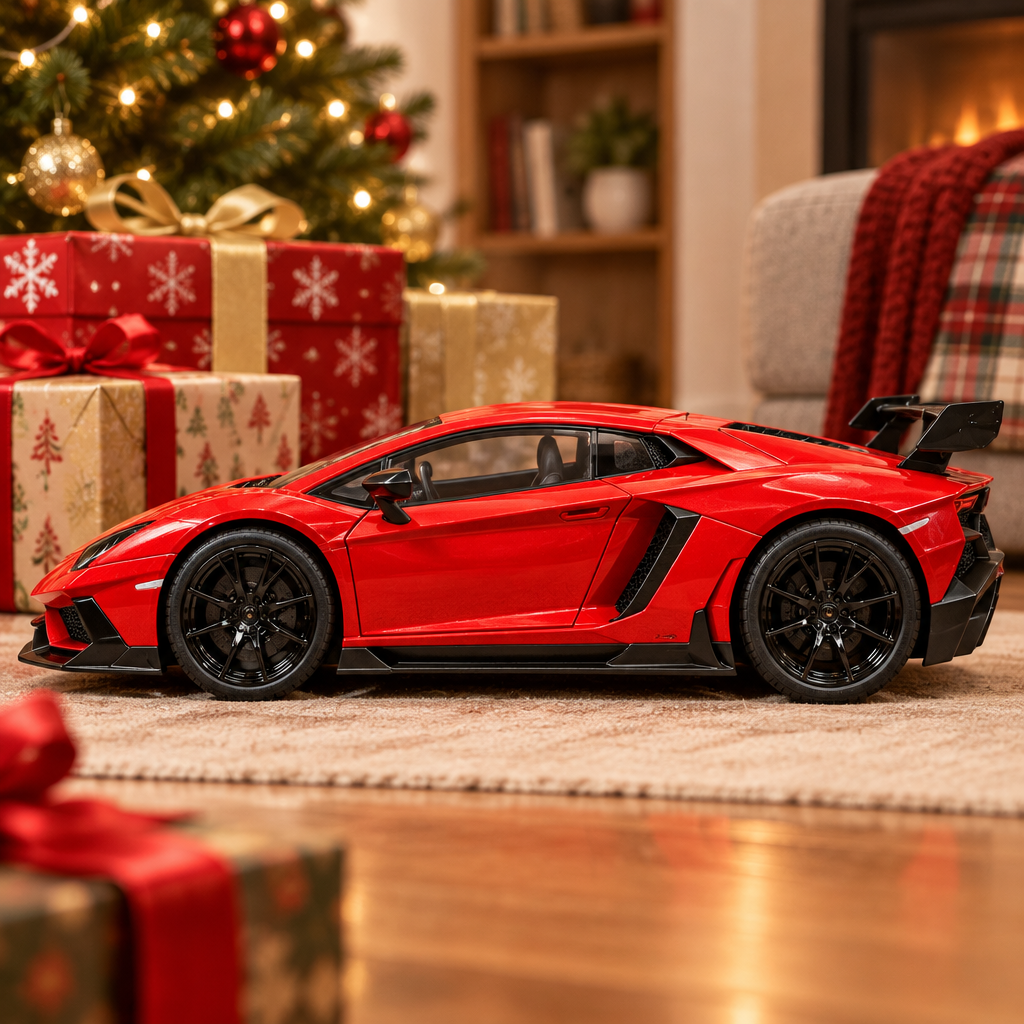 Red RC supercar with rear spoiler displayed beside wrapped birthday or Christmas gifts