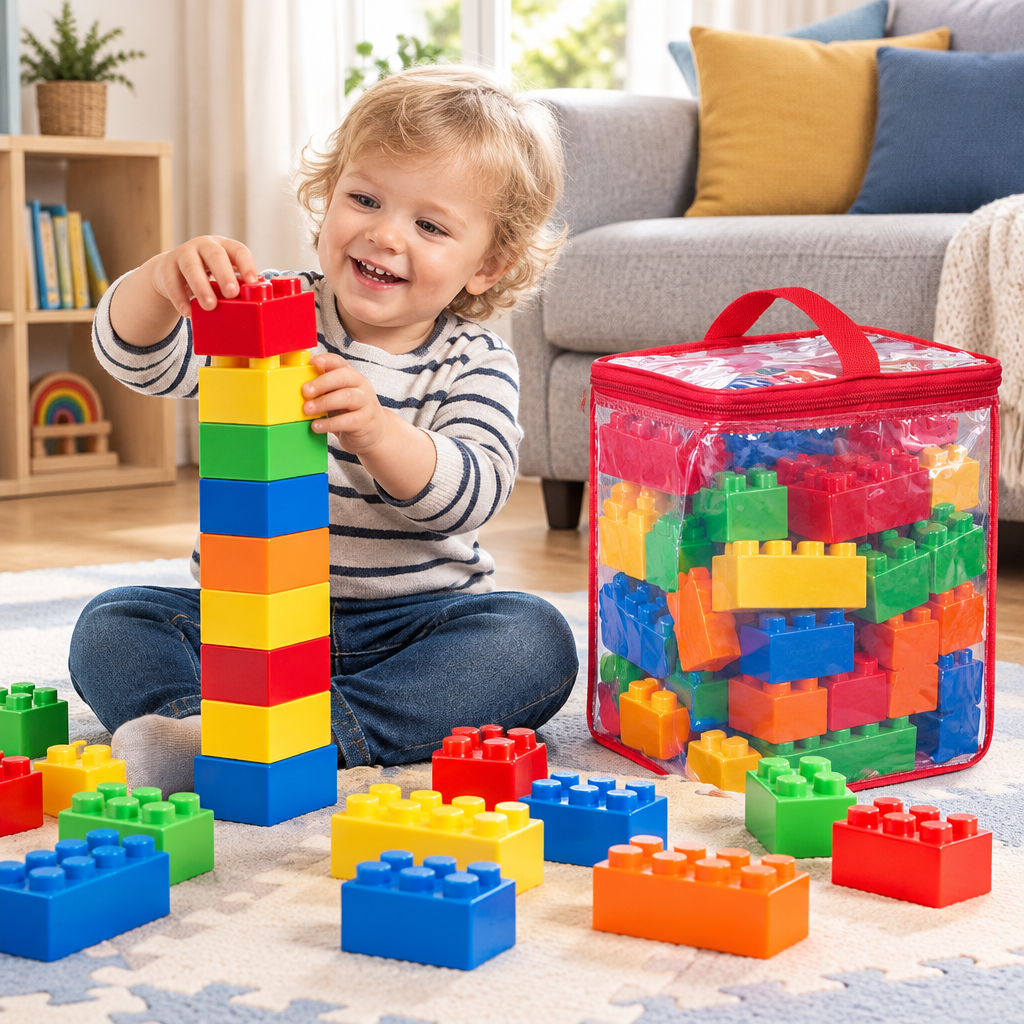 Toddler stacking large colourful jumbo building blocks during indoor play