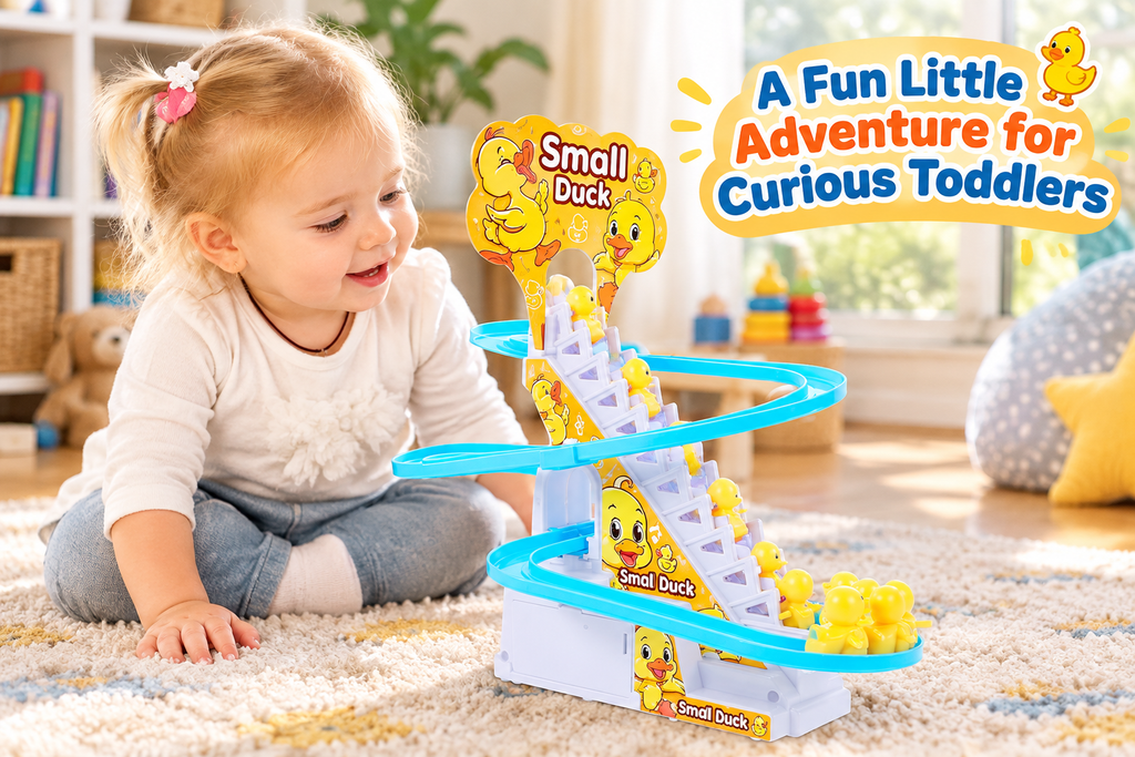 Toddler watching duck climbing stairs toy at home