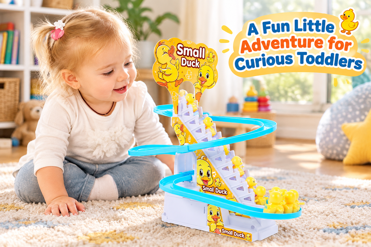 Toddler watching duck climbing stairs toy at home