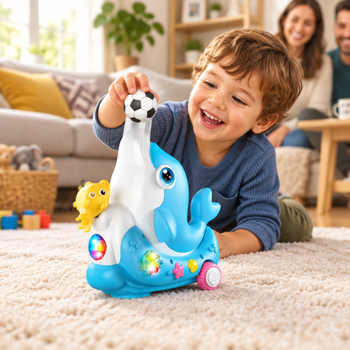 Child playing with an interactive bump and go dolphin toy at home