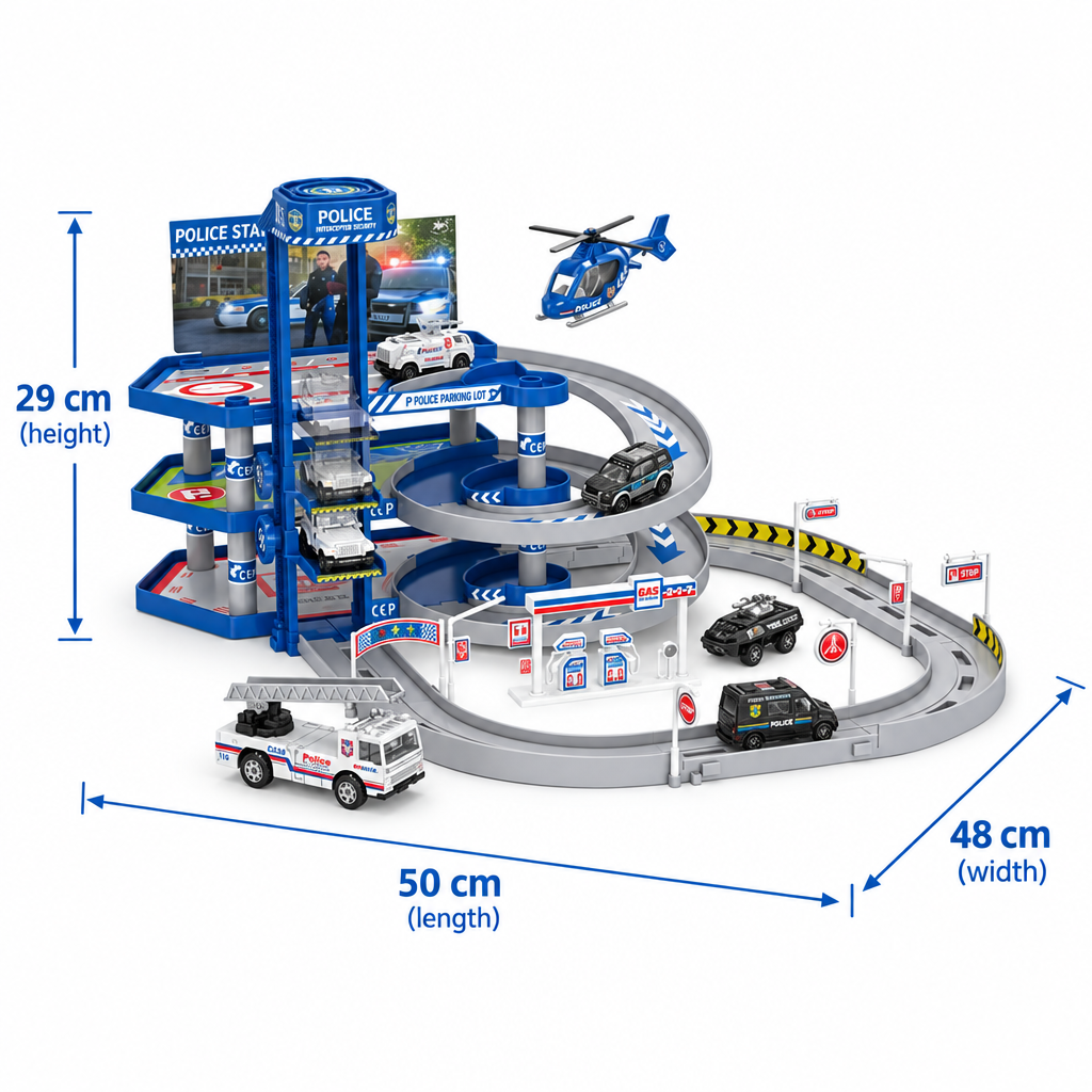Police parking garage playset approximate size 50 by 48 by 29