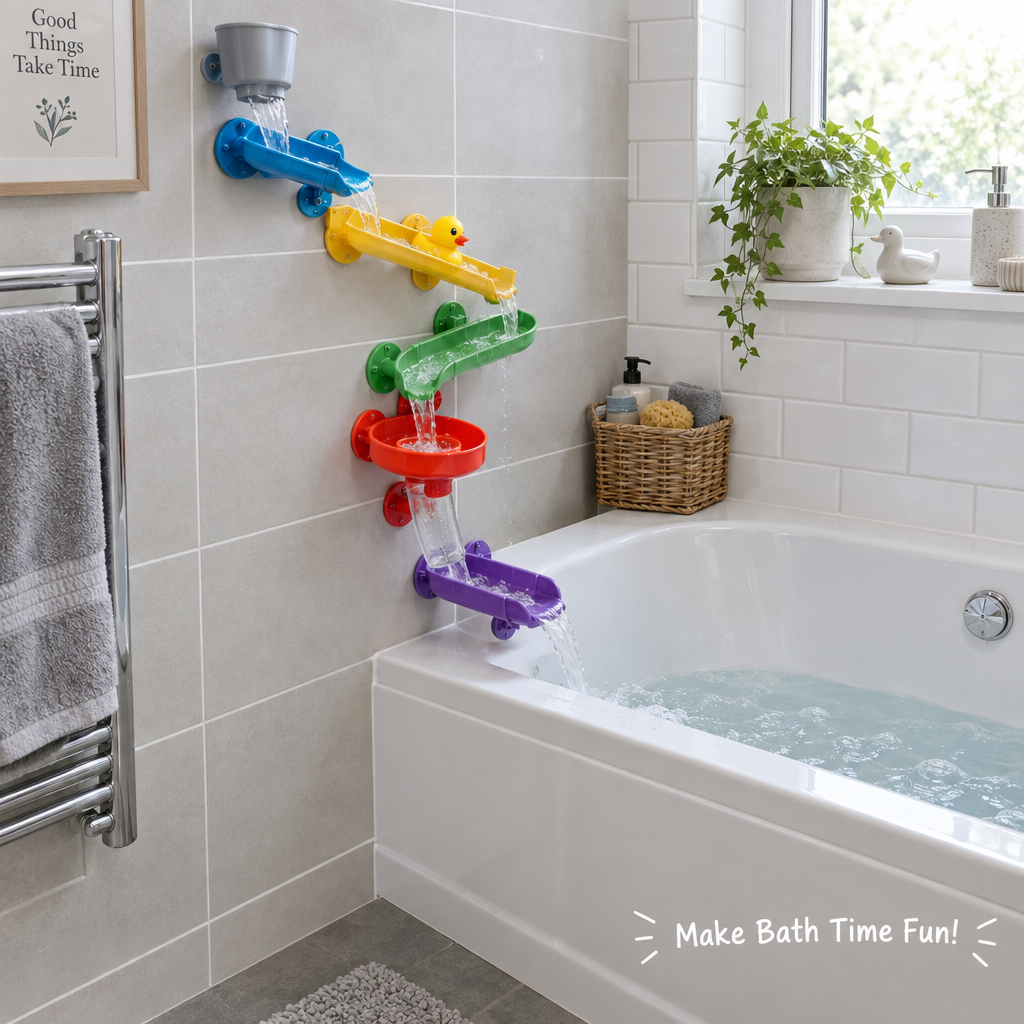 Bath track toy installed on bathroom wall with water flowing
