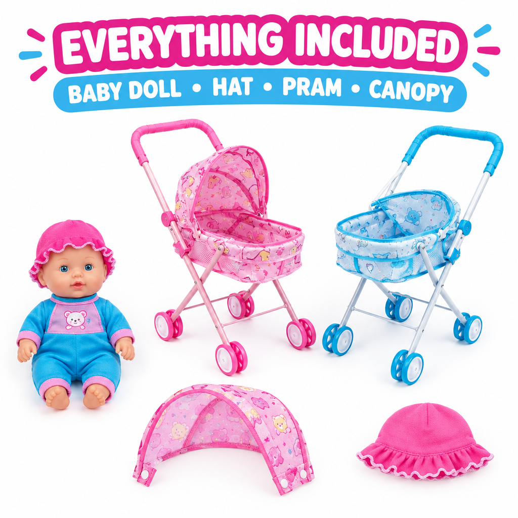 Kids doll pram set full contents flat lay