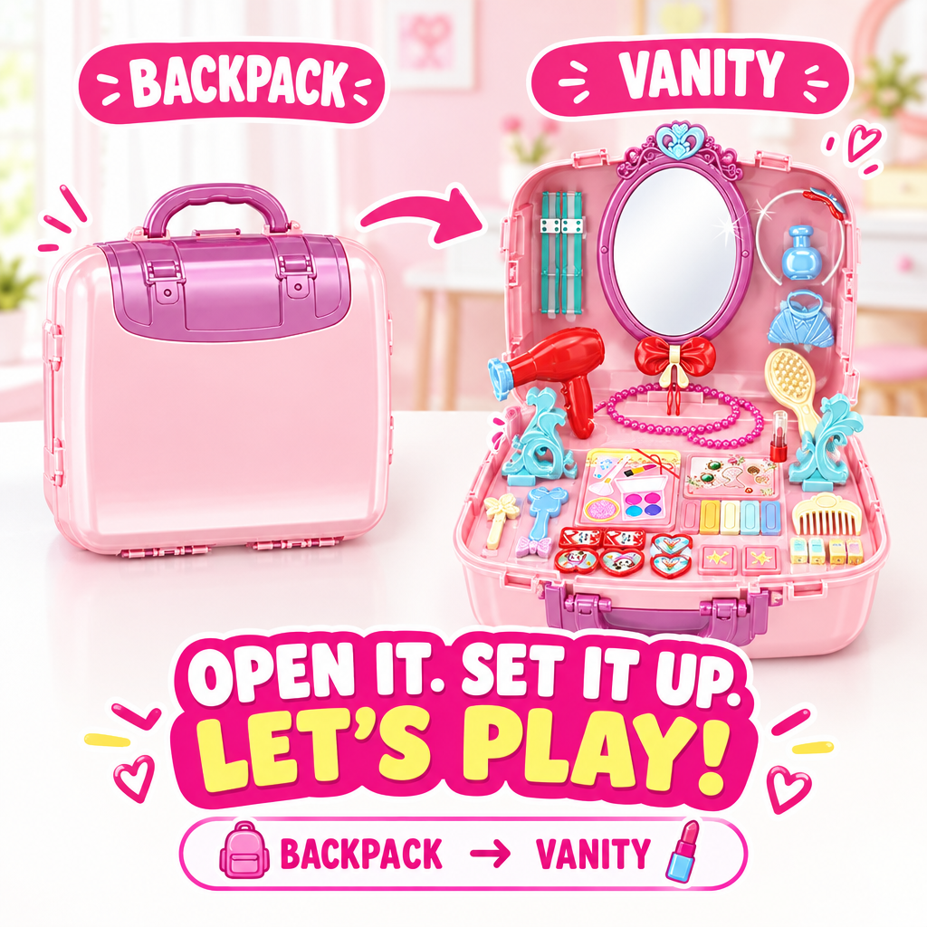 Backpack transforming into vanity table before and after