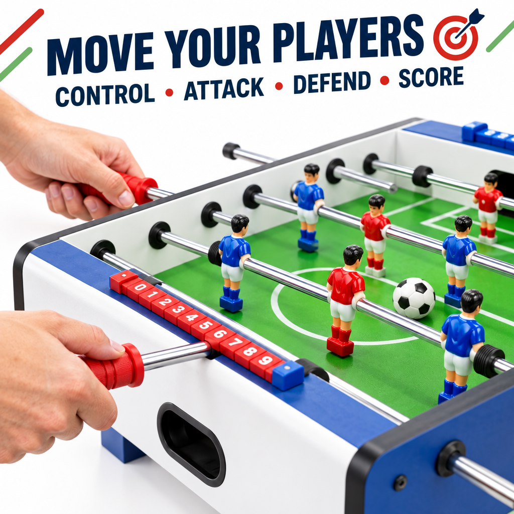 Hands moving control rods on foosball game